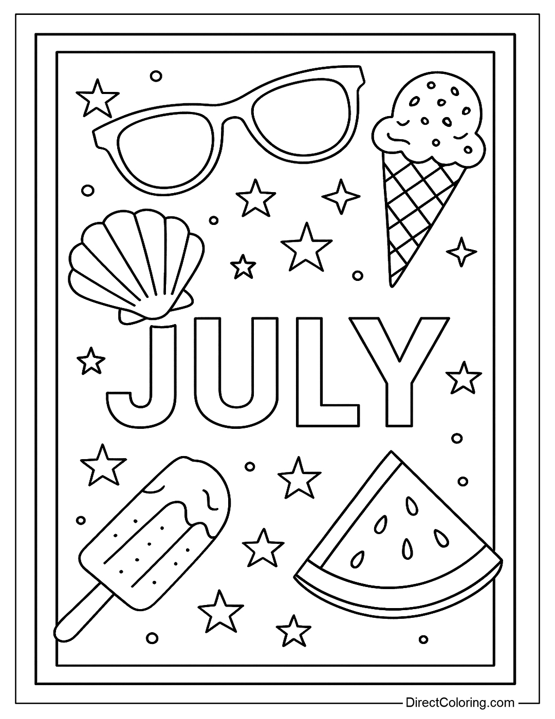 A coloring page of an artistic photo frame that combines sunglasses, ice cream, seashells, stars, watermelon and the word 
